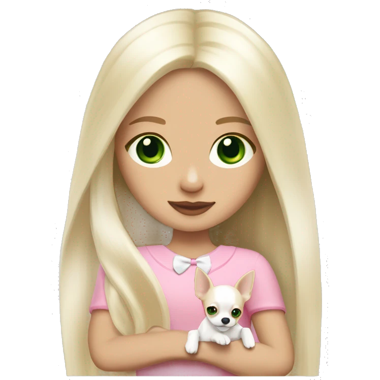 pale blond girl with long platinum hair with green eyes holding a white chihuahua puppy that wearing a pink bow emoji
