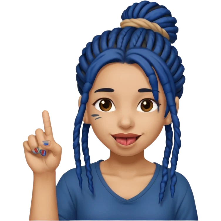 light brown girl with dark blue dreads in a bun with tongue out giving middle finger emoji