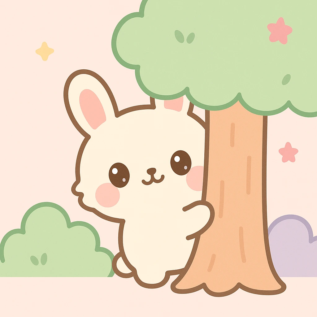 kawaii style furry creature peeking from behind a tree in a forest emoji