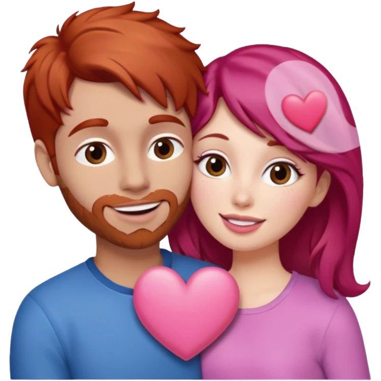 mujer pelirroja y hombre con pelo café haciendo cara de beso pero con un corazón entremedio emoji