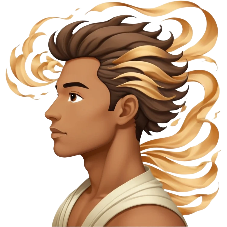 Male profile surrounded by floating fashion elements and energy waves, creative style essence, masculine vibe emoji