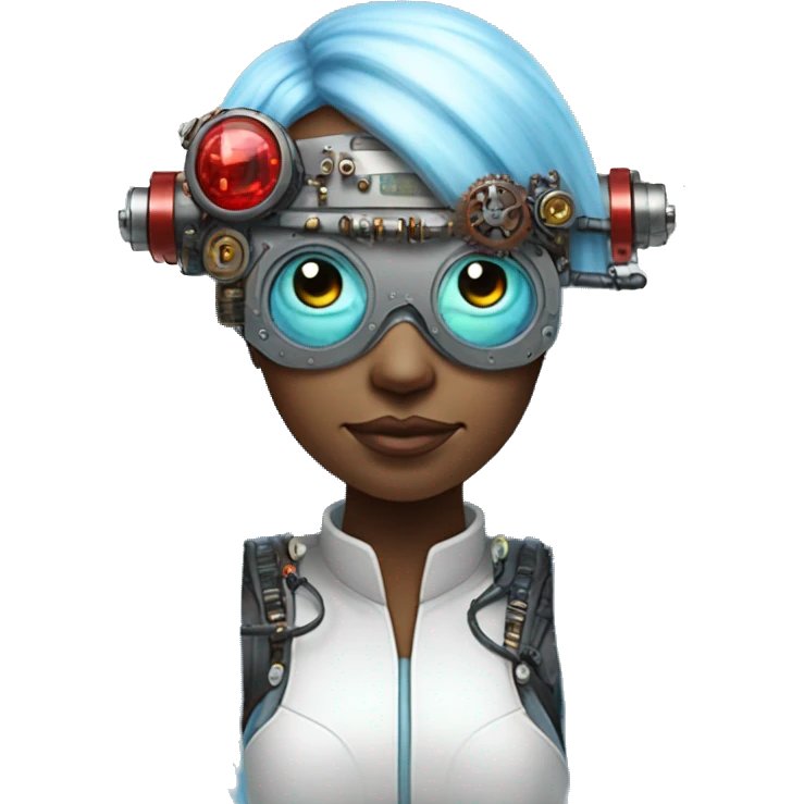 Light blue long hair female cyborg head with red steampunk goggles and circuits emoji