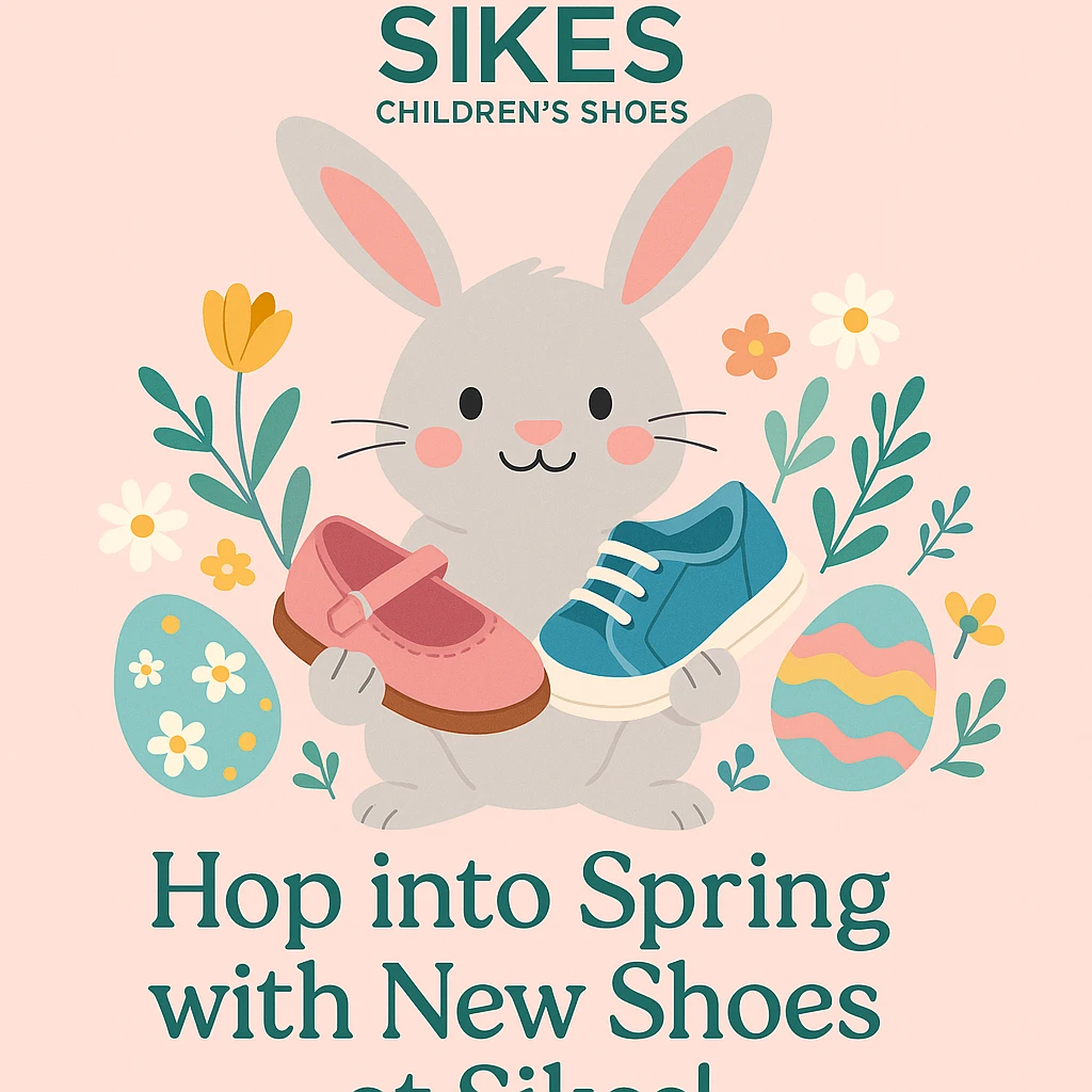 Easter-themed Instagram post for Sikes Children's Shoes with pastel background, logo at top, Easter bunny holding children's shoes, colorful Easter eggs and spring flowers, headline: 'Hop into Spring with New Shoes at Sikes!'. Include uploaded logo. emoji