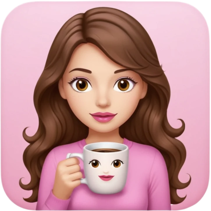 girl with long wavy brown hair, brown eyes, long lashes, pink lips, light to medium complexion, pink sexy top, with a coffee mug emoji