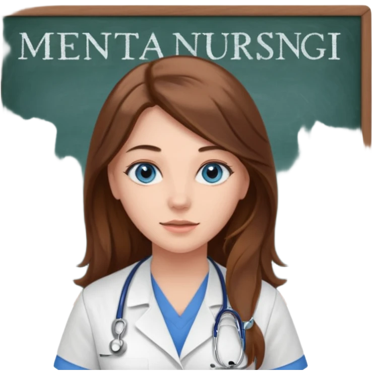 university classroom that says Mental Health Nursing on the blackboard with a pretty female nursing student with long brown hair, blue eyes emoji