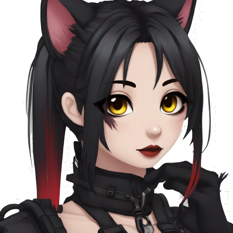 Gorgeous gothic dark techwear anime style anthro cat furry with blushing face aesthetic and pretty edgy black red punk messy ponytail hair with collar and harness trending style emoji