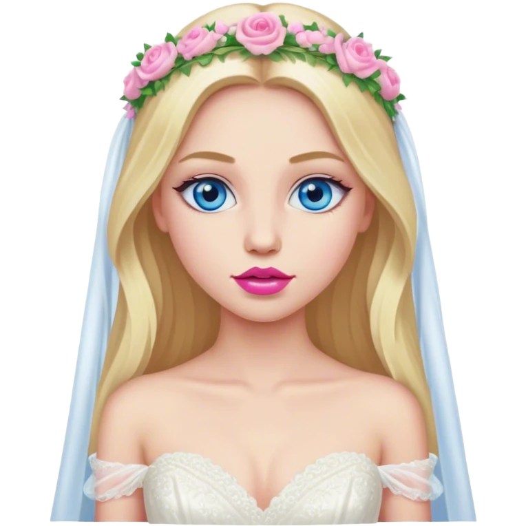 Cinematic realistic blonde with long hair, blue eyes and pink lips in a wedding dress emoji