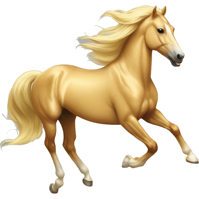 Yellow palomino horse with long flowing mane galloping with prosthetic leg, slender horse, solid yellow horse, running, yellow horse galloping with prosthetic leg, pretty horse emoji