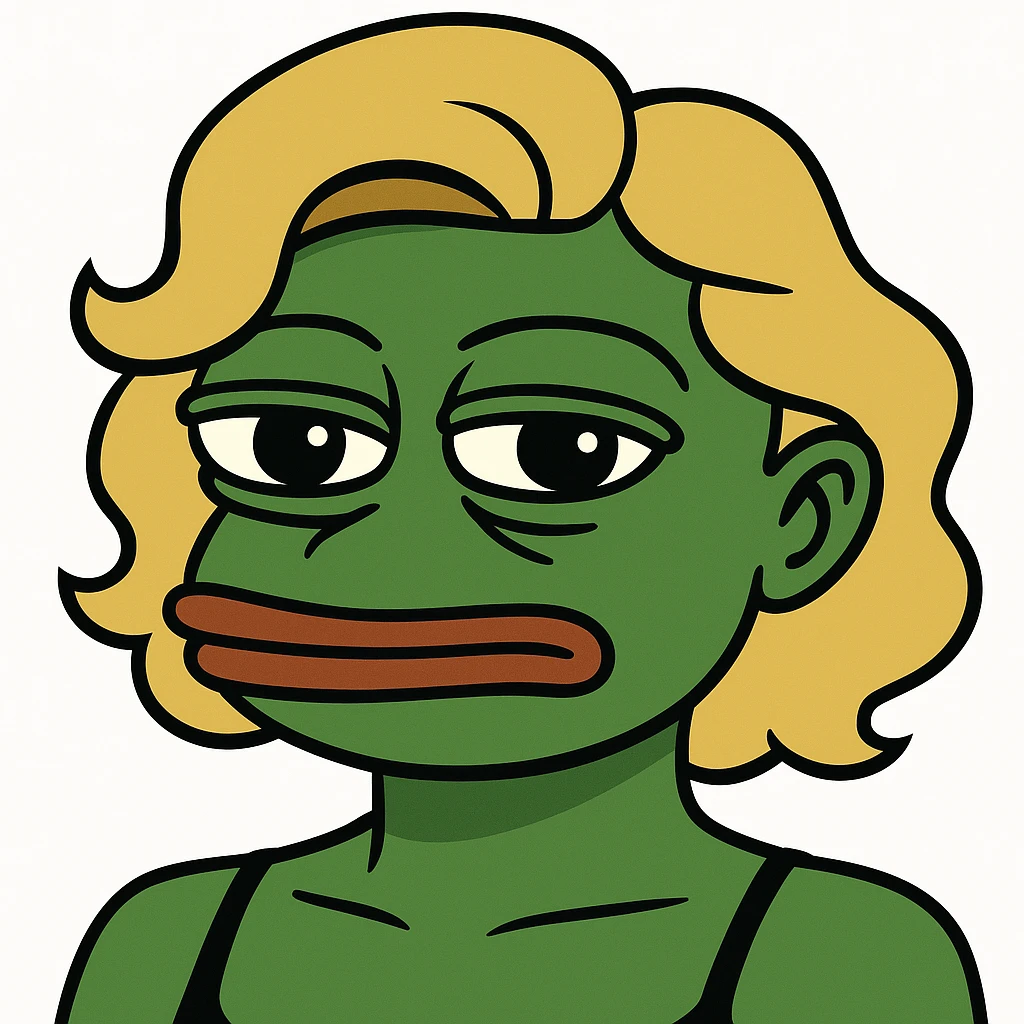 Change the hair to wavy blonde in a bufo style meme. The style should resemble the green bufo frog meme style with concise and meme-like appearance. emoji