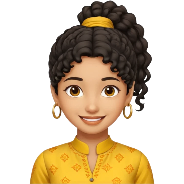 black curly-haired fair Indian girl, ponytail, yellow kurti, smiling emoji