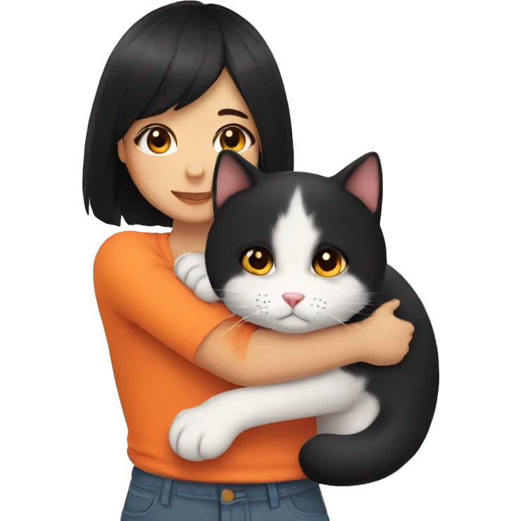 girl with black hair hugging a Orange and white cat emoji