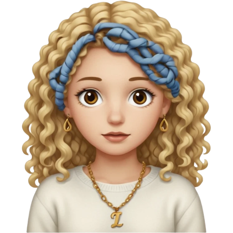 a dirty blonde girl with brown eyes and make her wearing a white sweater and a smallnecklace with I intial with really long curly hair and white skin color, long hair and really big lashes emoji