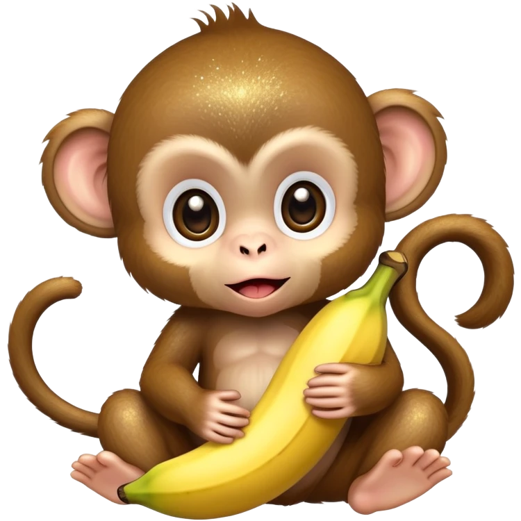 extremely adorable kawaii baby monkey with huge sparkly eyes peeling a banana emoji