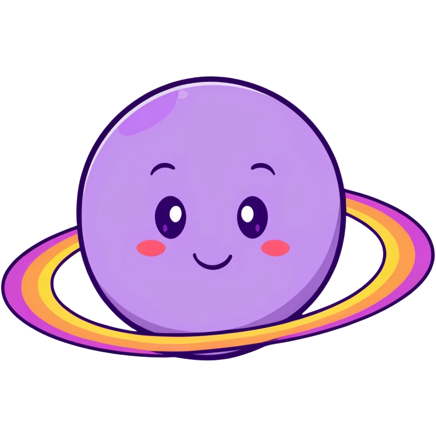 purple planet with colorful rainbow rings and a cute happy face with rosy cheeks emoji