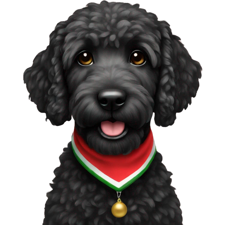 Black golden doodle wearing a Christmas bandana emoji