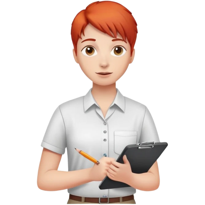 Intern or volunteer with red hair holding a clipboard and pencil, ready to take notes or assist. The character wears a simple shirt and has an eager posture emoji