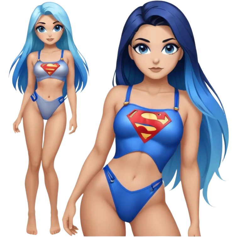 Sexy full body-very very very large upper body-sexy face-sexy pose-very long very straight dark blue to light blue hair ombre-and-blue eyes-black eyeliner-thick long eyelashes-iridescent string bikini top superman logo-overalls emoji