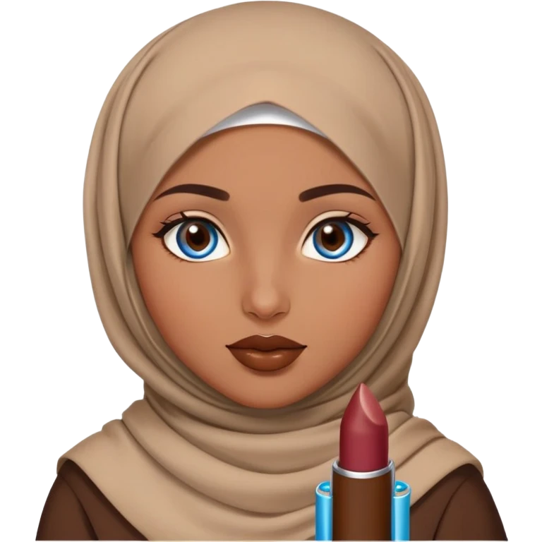 Turkish beautiful finish Konya girl blue eyes with brown beige hijab islamic dress and had on her hand brown color lipstick emoji