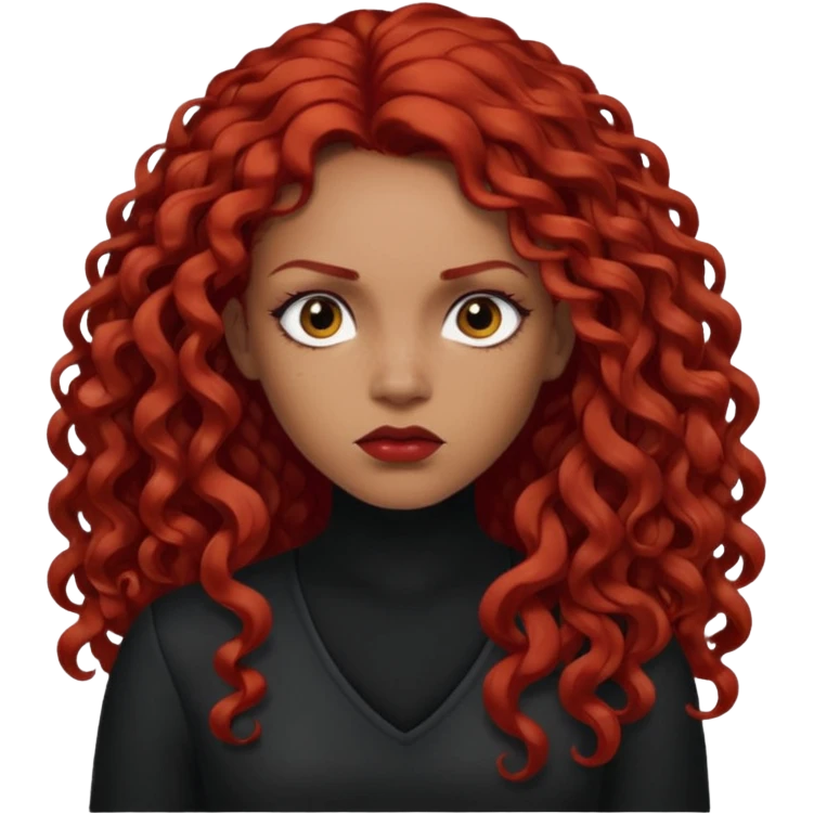 Preta, do cabelo grande cacheado, vermelho, cara de Seria, com tope emoji