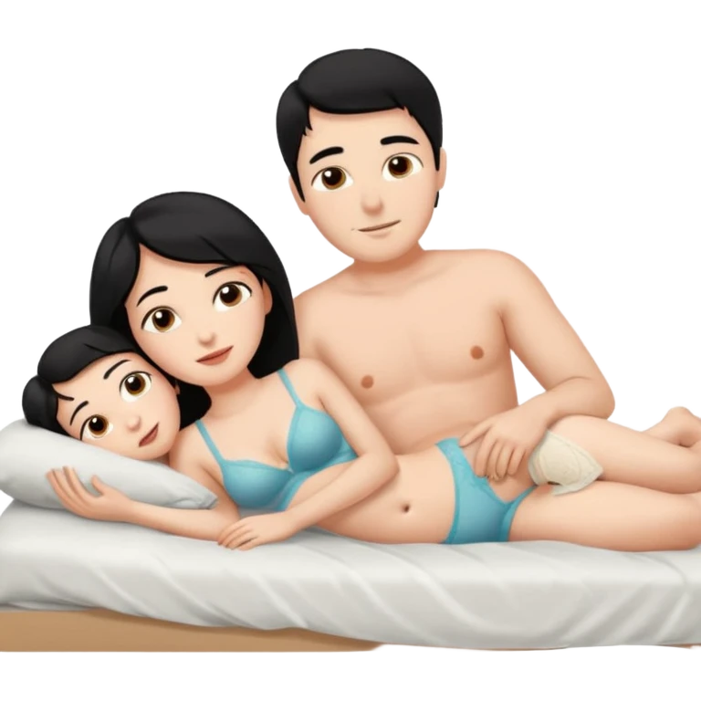 Мужчина и женщина спять в одной кровати, муж - черные волосы, в трусах лежит прямо на спину. На правой руке лежит голая девушка.на левый в бок, на правой руке мужа. Жена поставила правую ногу на живот мужа. emoji