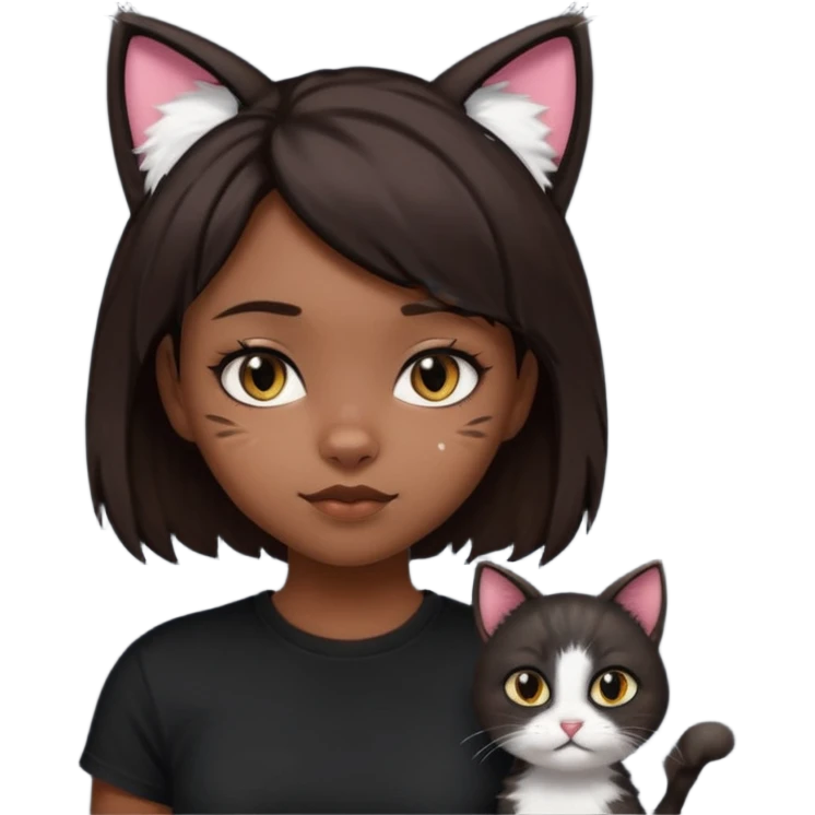 a girl with short dark brown hair with lots of dandruff , cat ears and a tail, with a black t-shirt on emoji