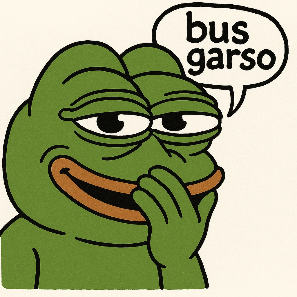 Edit the classic Pepe the Frog in 3D emoji style holding his hand over his mouth as if trying not to laugh, with a speech bubble above or beside him that says 'bus garso'. Keep the playful, classic Pepe look from the reference, remove the drink, and focus on Pepe's face and expression. Variant 1. emoji