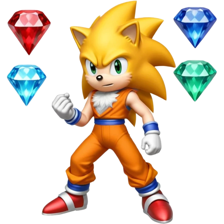 I want Sonic the hedgehog with the 7 chaos emeralds and the Goku aura transformation, where is the super Sonic aura Is a power 7 diamonds, red, blue, yellow, green, white, cyan and purplr emoji