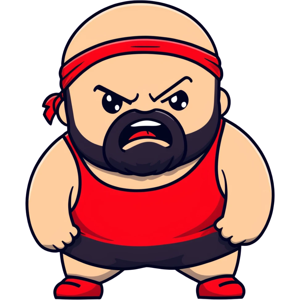 White skin fat guy with black durag, black beard, black eyes in a red and black wrestling singlet with angry face emoji