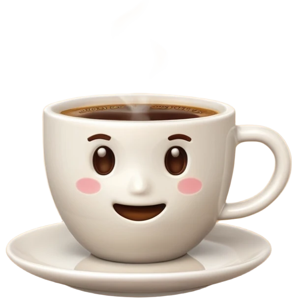A plain 3D cartoon coffee cup filled with hot coffee, no saucer, light steam rising, glossy ceramic texture, warm soft lighting, realistic Memoji-style on a dark background. emoji