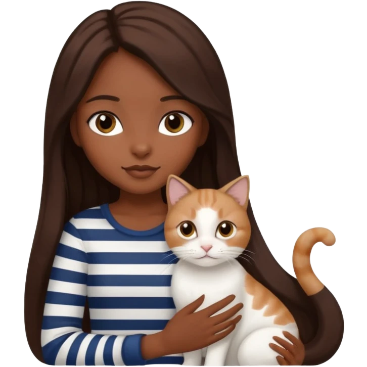 a dark-skinned girl with long brown hair, big brown eyes and a Scottish white cat with black stripes in her hands emoji