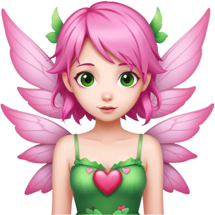 pink hair, pink wing fairy in green dress hearts emoji
