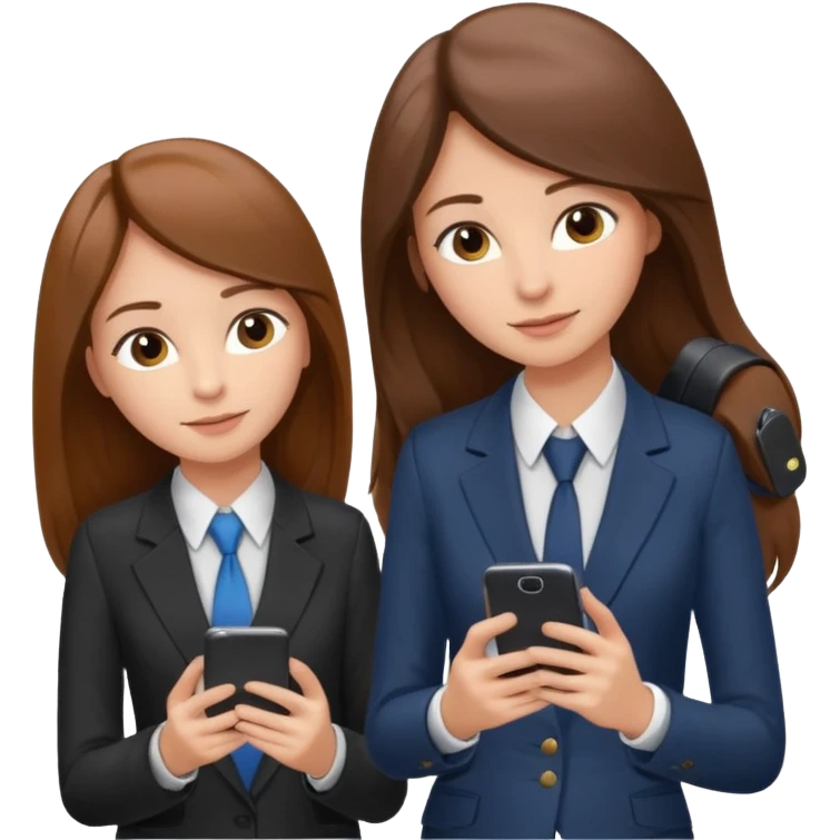 two brown haired girls, looking professional maybe leaned on each others back and looking forward and using phones, with long hair and one girl can hold lap top another one can hold the phone, professional clothes emoji
