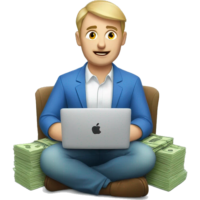 A Russian man is sitting at a macbook with a stack of money emoji