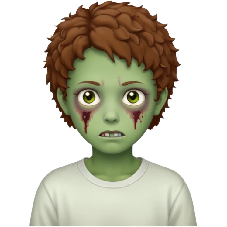  green teen zombie with  brown short curly hair and brown eyes wearing a white sweat emoji