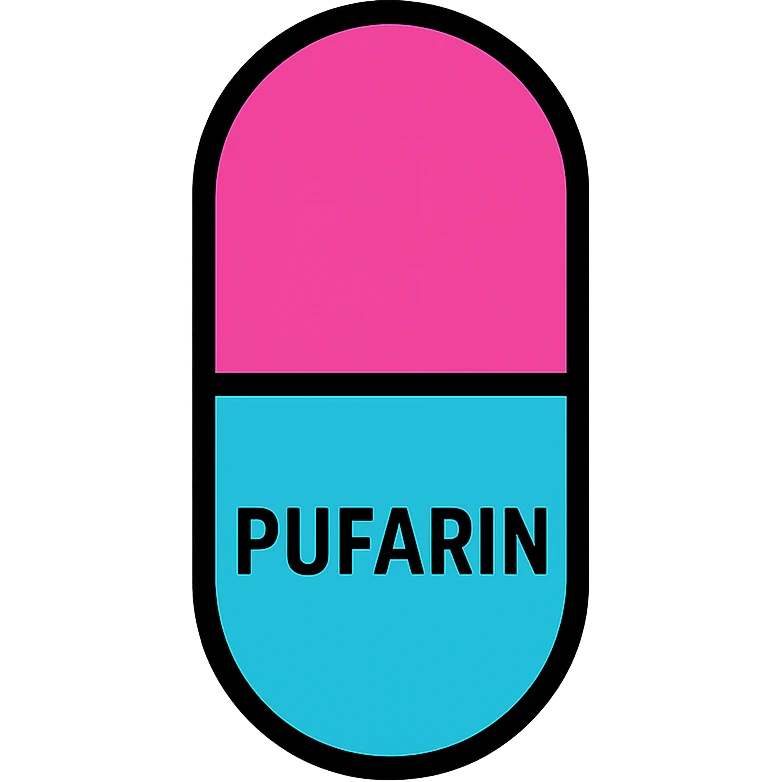 PUfarin depicted as a single capsule with a split color design, modern icon style emoji