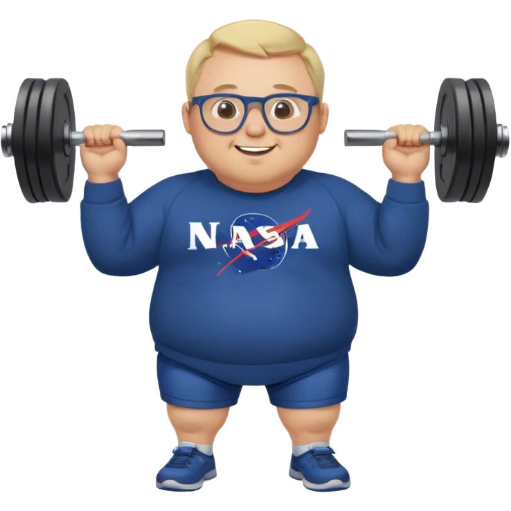 happy chubby man, lifts weights,  blond short and hight receding hairline, wearing a dark blue sweatshirt, nasa logo on the sweatshirt, round glasses without frame, 40 years old emoji