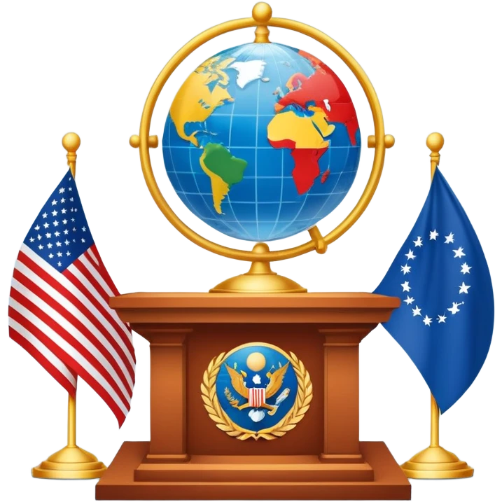 An icon featuring a podium with a speaker, national flags, and voting ballots, symbolizing political science. The design includes a globe and scales of justice in the background, representing governance, global affairs, and political theory. Transparent background emphasizes civic engagement emoji