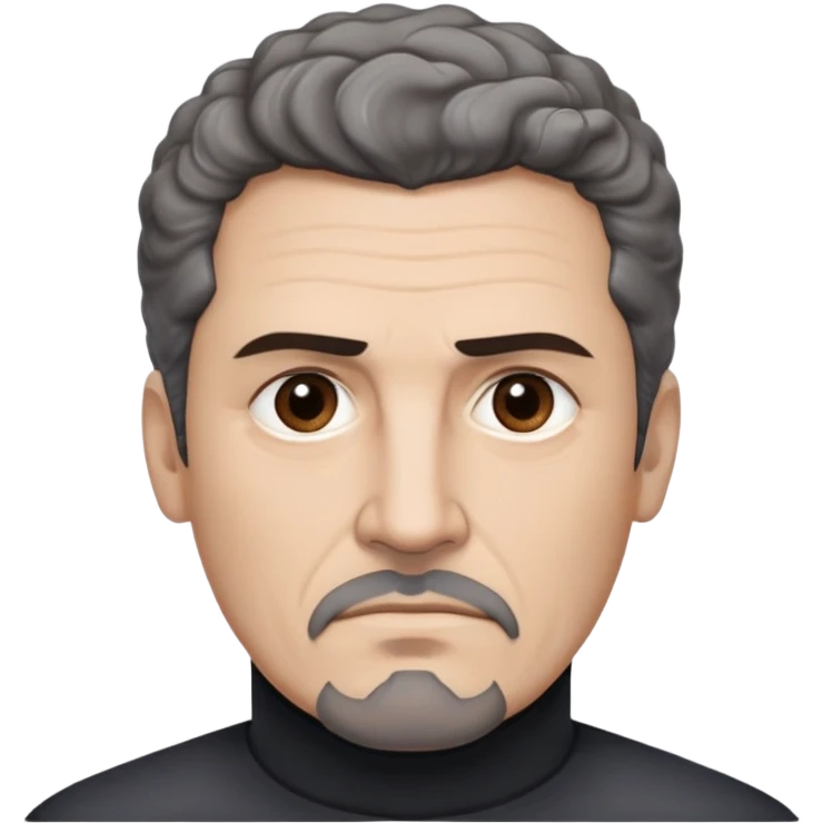 Man in his 50s with light brown complexion. Strong square jaw. Stern dark eyes with intense gaze. Thick eyebrows in a focused expression. Black goatee with gray streaks. Short curly dark hair with receding hairline. No smile, authoritative look. Wearing a black turtleneck. emoji