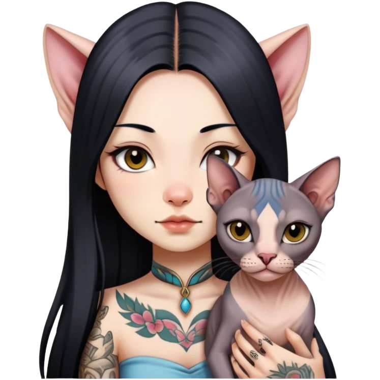 a Chinese girl with long black  straight hair and tattoos and a Sphynx cat emoji