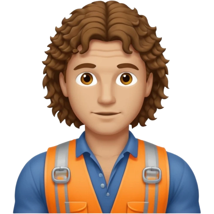 Hot white male builder with curly brown mullet hair and muscles emoji