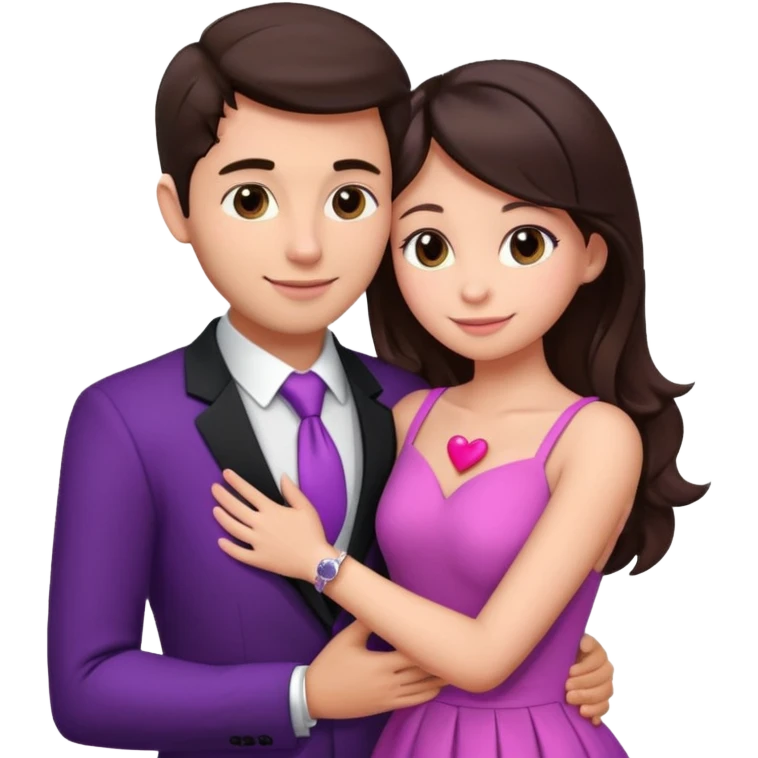 Brunette girl, with an engagement ring on her finger hugging a handsome man, (her boyfriend) both of them happy, she’s wearing a pink dress, he is wearing a black suit, he’s also a rich businessman, and there is the 💜 purple heart emoji on top. They look in love with each other.  emoji