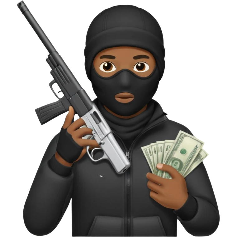 Create a black man wearing a ski mask while holding a gun in one hand and money in the other emoji