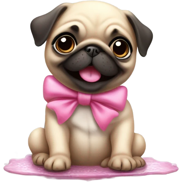 Baby pug with big pink
eyes wearing a pink bow above 1 ear sitting in a puddle   laughing  emoji