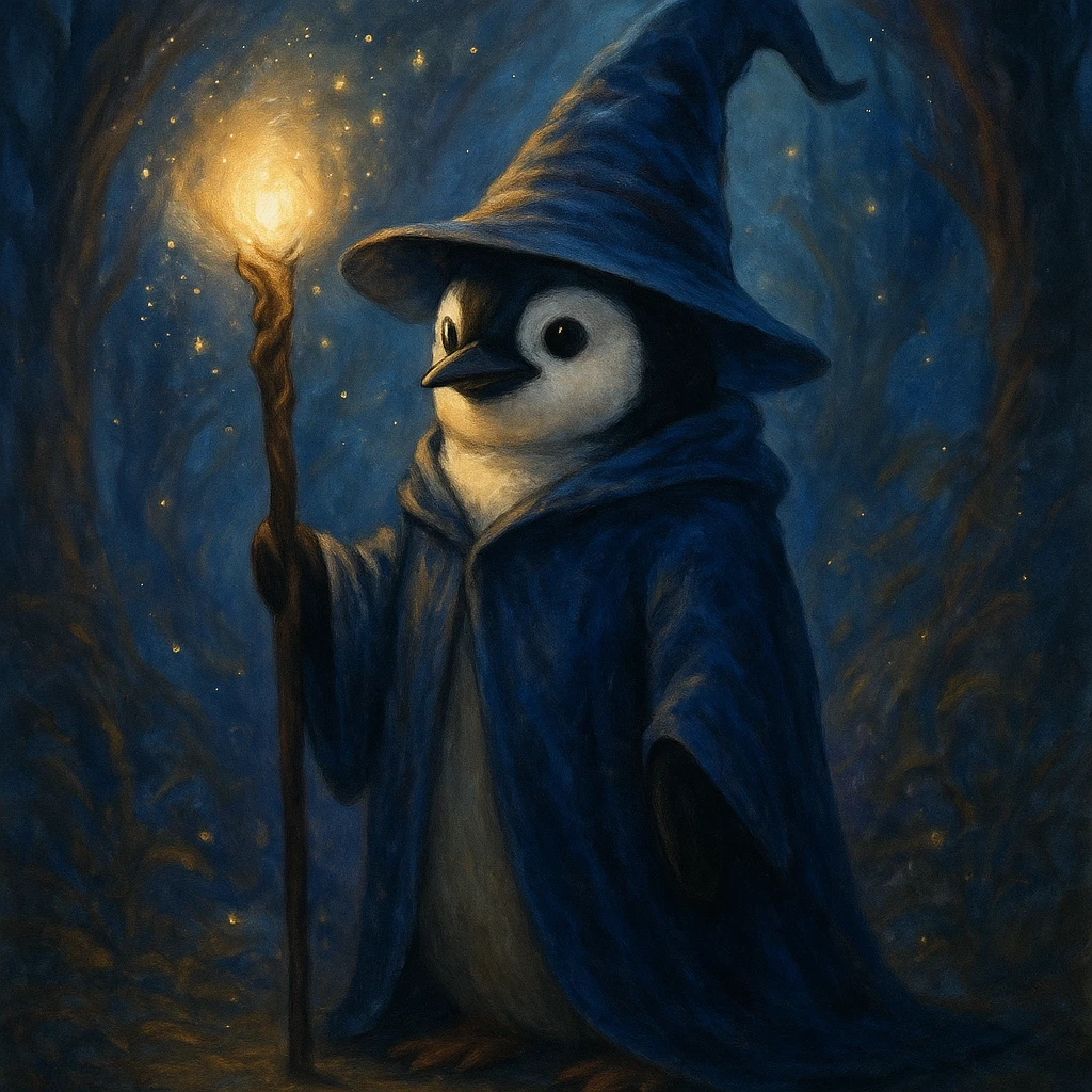 a penguin dressed as a wizard, wearing a pointed hat and holding a magic staff, in a magical setting emoji