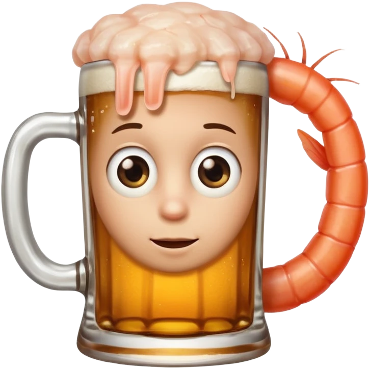 Genérame un camarón con su tarro en mano de cerveza moderna, asomándose por un costado con cara de curiosidad  emoji