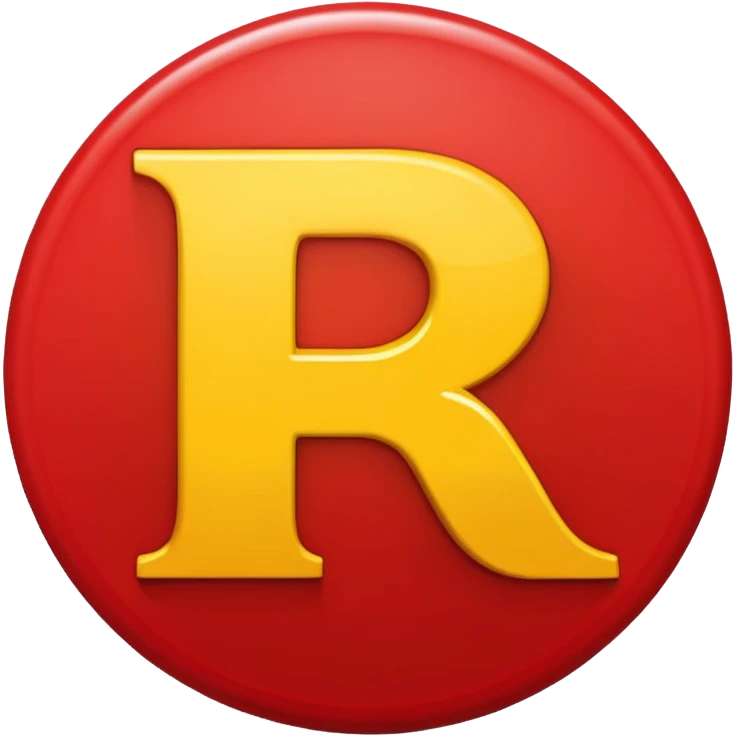 Círculo vermelho com a letra R estilizada em amarelo dentro emoji