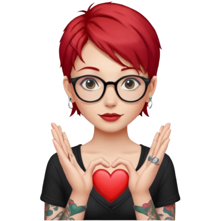 Beautiful girl, with glasses, red hair, tall, slim, with tattoos and small piercing, showing heart with hands emoji