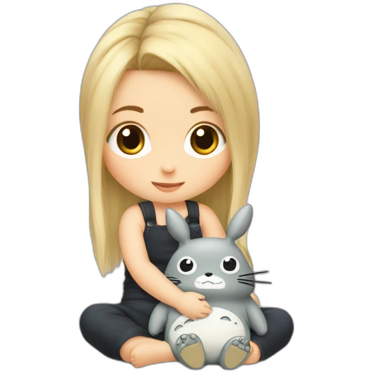 bébé fille blonde décoiffée assise avec une peluche Totoro  emoji