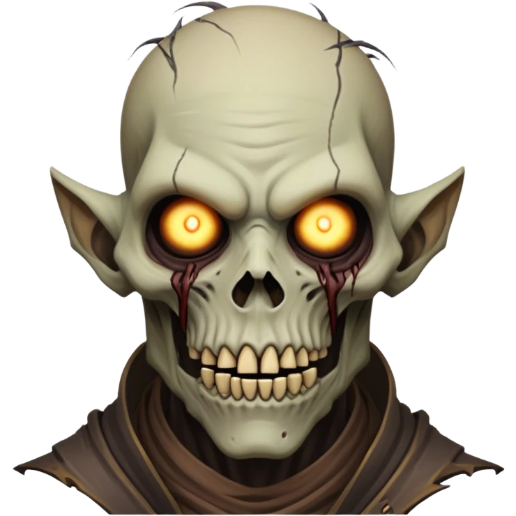 Cinematic Realistic WoW undead civilian Portrait, head tilted epicly and inquisitively, showcasing grim resilience and defiant strength. His withered, pallid skin and intense, glowing eyes contrast starkly with his worn, earth-toned clothes, rendered in meticulous detail. With dynamic, high-contrast lighting and high shine, this portrait exudes an epic aura, capturing the relentless will of a battle-hardened undead civilian. emoji
