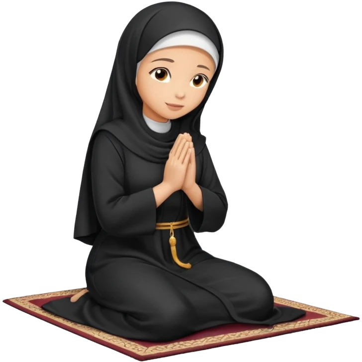 Light skin Muslim woman in plain black abaya side profile praying on prayer mat  holding up hands to god emoji